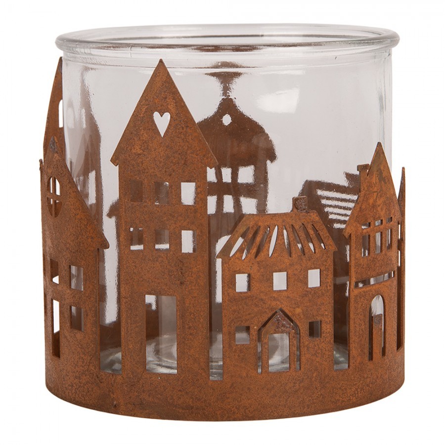 Rezavý rustikální svícen s vesničkou Village Rust L - Ø 13*12 cm