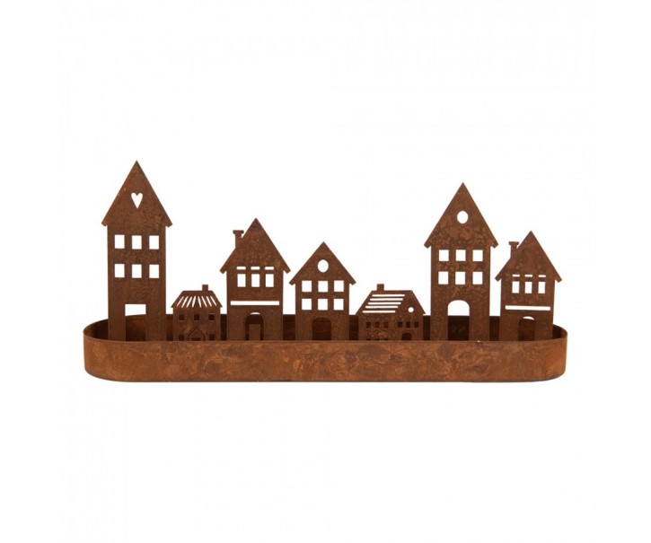 Rezavá dekorace svícen s domečky - 30*8*13 cm Clayre & Eef