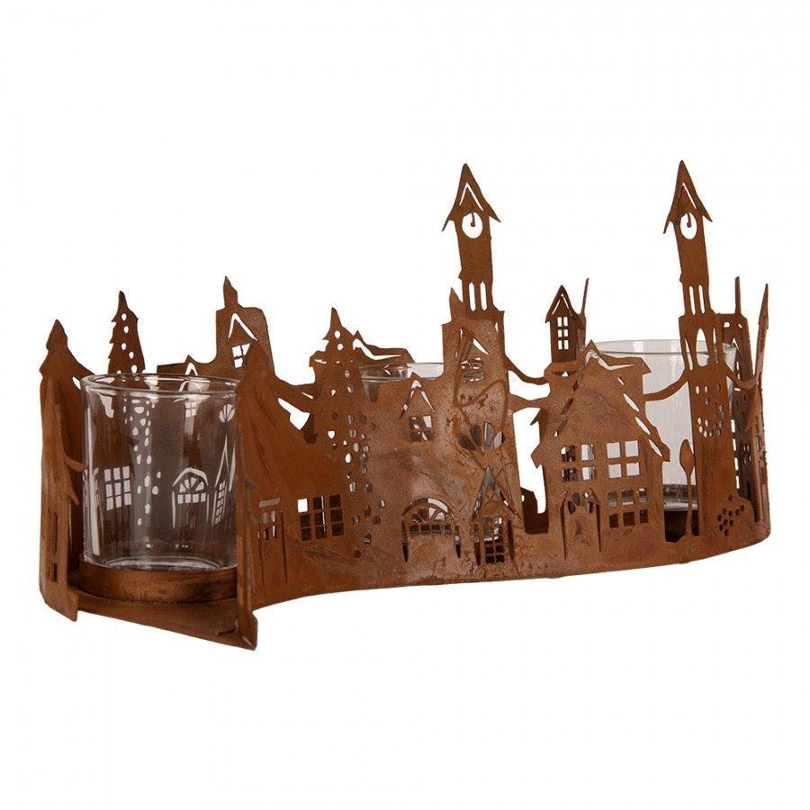 Tealight Holder House 27x8x12 Cm Brown Metal - 27*12*12 cm