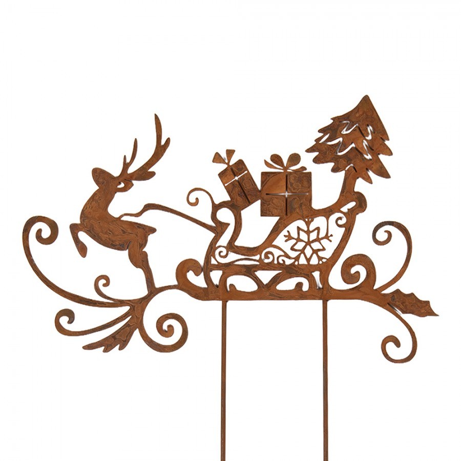 Kovový rustikální zápich se sobem a vánočními sáněmi Sled Rust - 19*1*45 cm