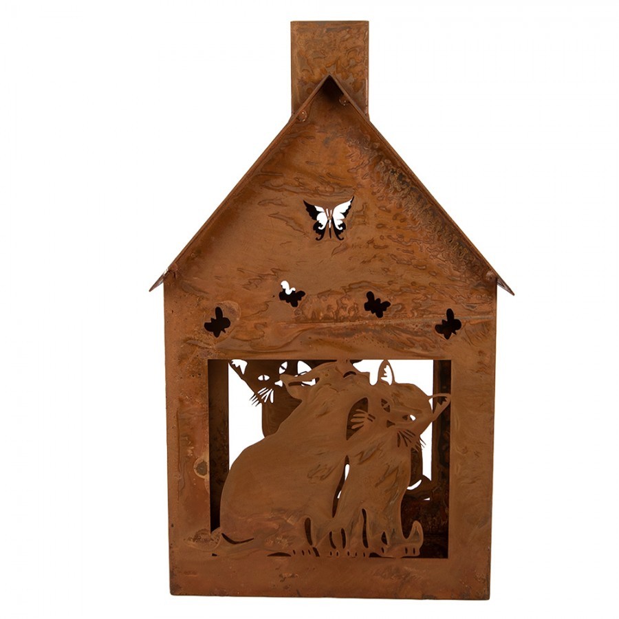 Rezavý svícen ve tvaru domku s kočkami Rustic Charm - 17*10*28 cm Clayre & Eef Rezavý svícen ve tvaru domku s kočkami Rustic Charm - 17*10*28 cm Clayre & Eef