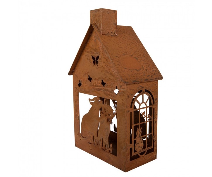 Rezavý svícen ve tvaru domku s kočkami Rustic Charm - 17*10*28 cm Clayre & Eef