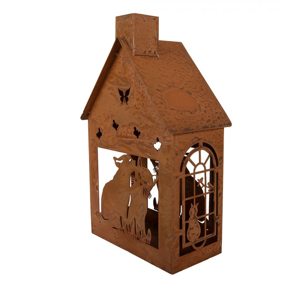Rezavý svícen ve tvaru domku s kočkami Rustic Charm - 17*10*28 cm