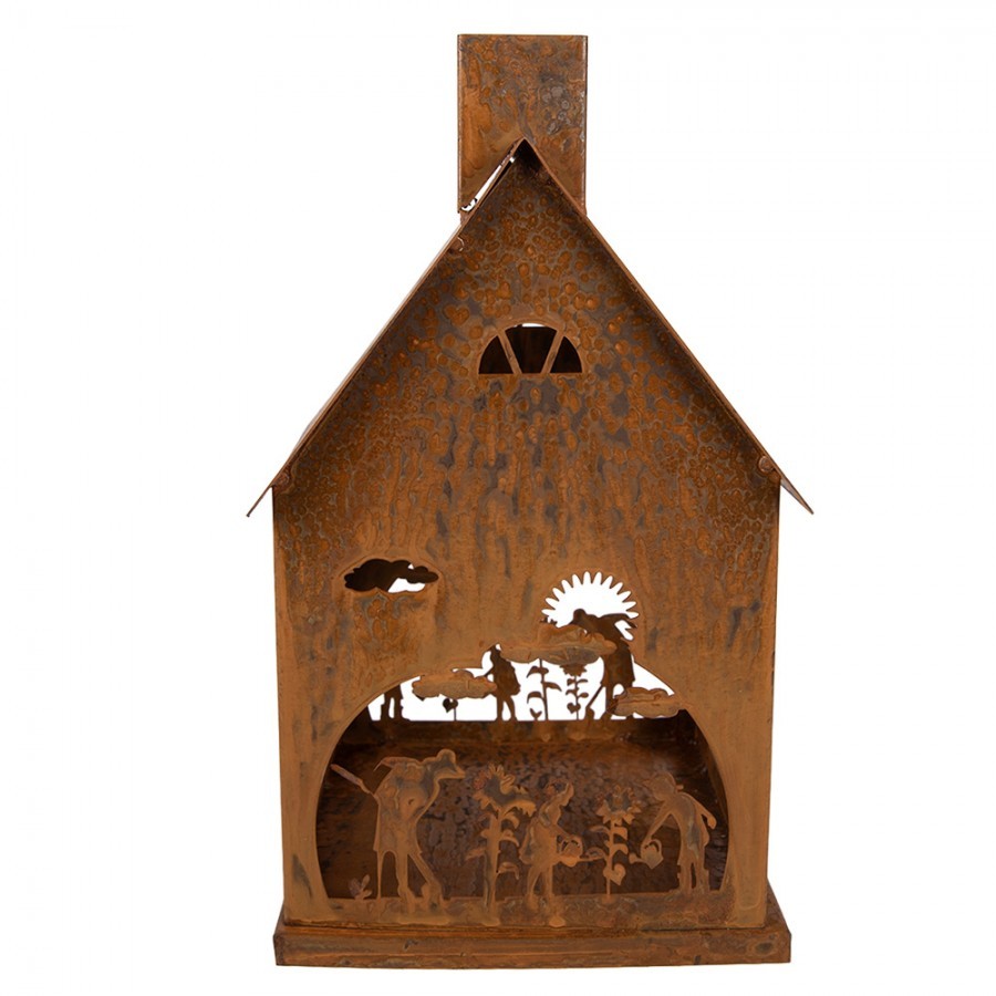 Rezavý svícen ve tvaru domku s dekorem Rustic Charm - 17*17*28 cm Clayre & Eef Rezavý svícen ve tvaru domku s dekorem Rustic Charm - 17*17*28 cm Clayre & Eef