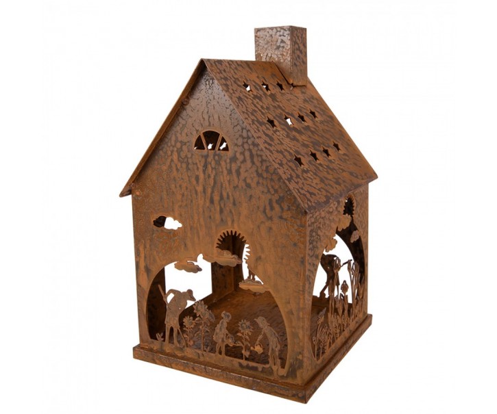 Rezavý svícen ve tvaru domku s dekorem Rustic Charm - 17*17*28 cm Clayre & Eef