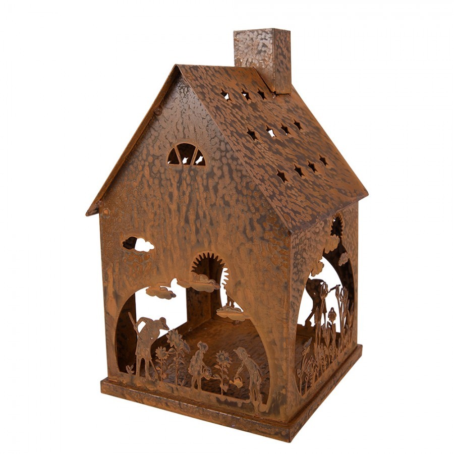 Rezavý svícen ve tvaru domku s dekorem Rustic Charm - 17*17*28 cm