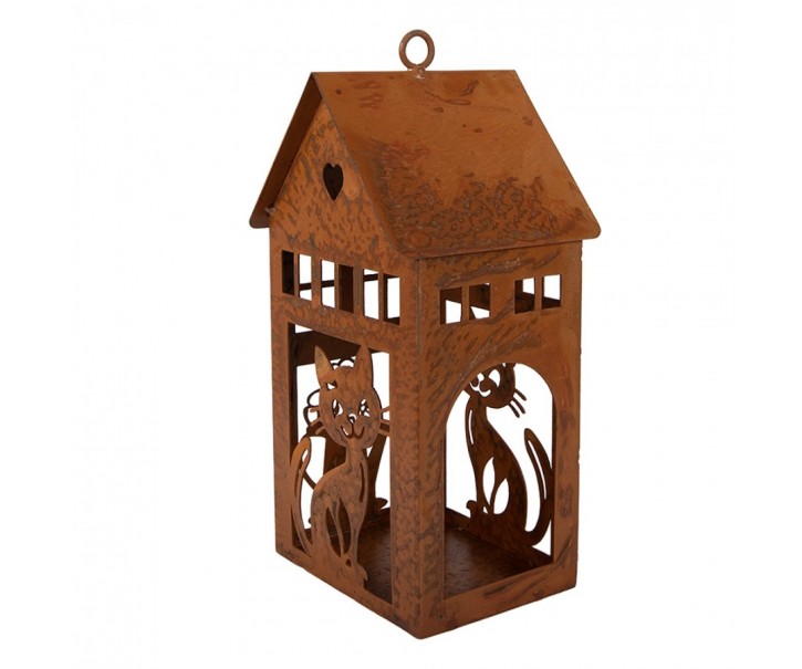 Rezavý svícen ve tvaru domku s kočkami Rustic Charm - 10*11*20 cm Clayre & Eef