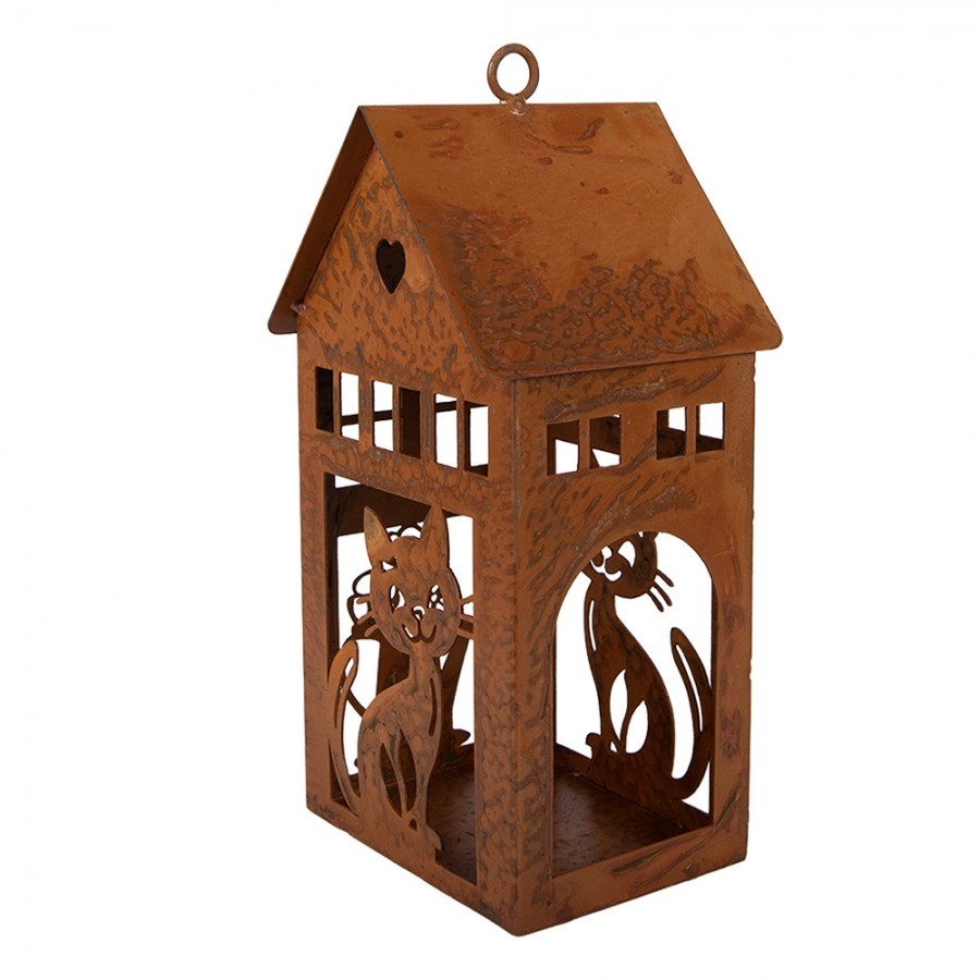 Rezavý svícen ve tvaru domku s kočkami Rustic Charm - 10*11*20 cm