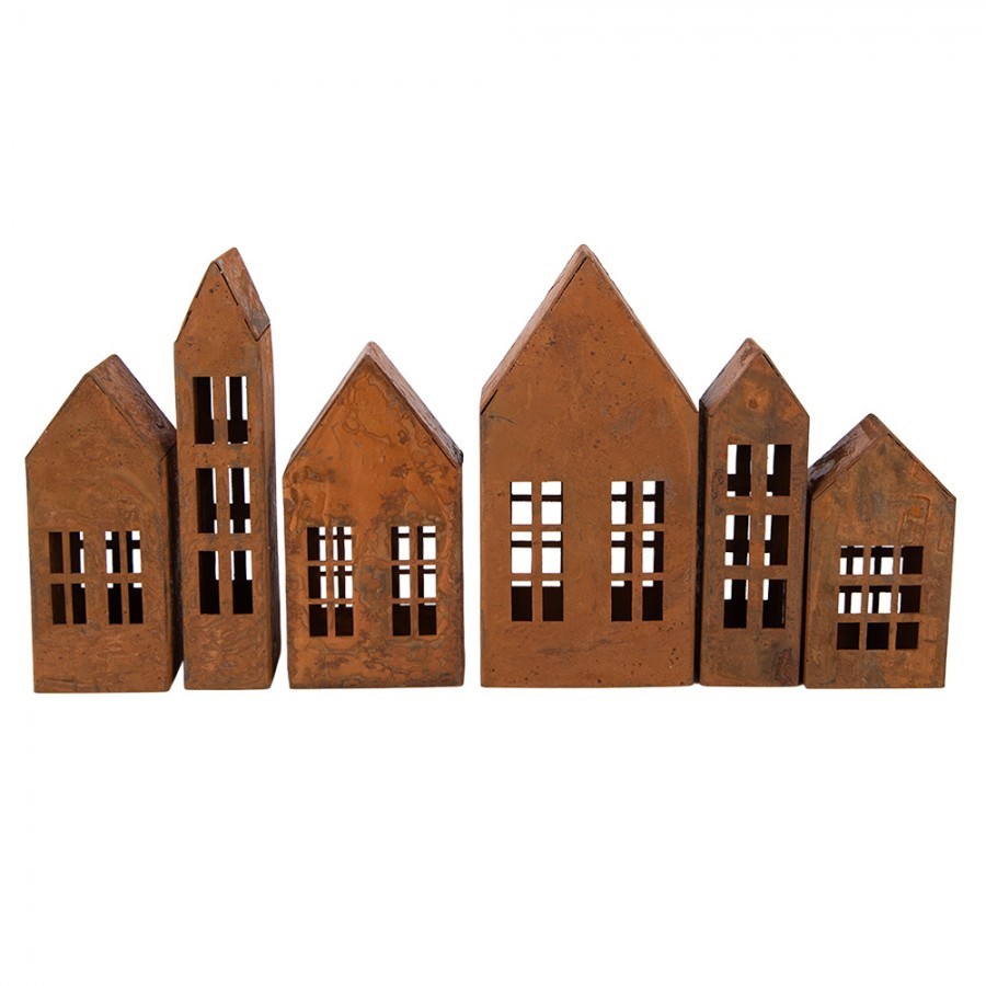 Set 6ks rezavá dekorace ve tvaru domku Rustic Charm - 27*3*14 cm