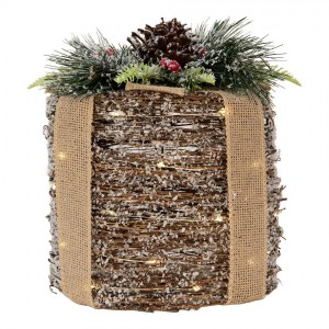 Vánoční zasněžený proutěný dárek s LED osvětlením M - Ø 20*25 cm / 3*AA