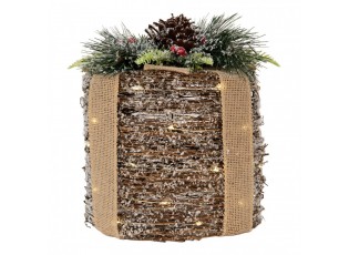 Vánoční zasněžený proutěný dárek s LED osvětlením L - Ø 25*30 cm / 3*AA
