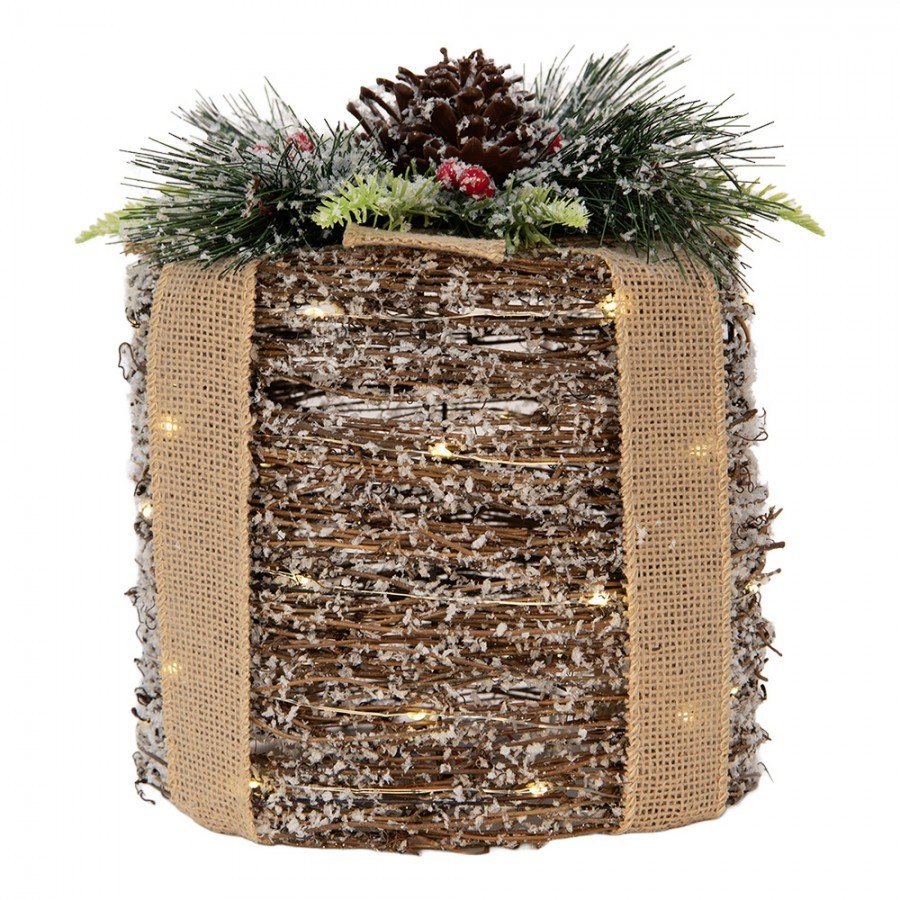 Vánoční zasněžený proutěný dárek s LED osvětlením L - Ø 25*30 cm / 3*AA