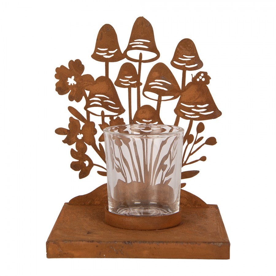 Rustikální rezavý svícen s houbičkami Mushroom Rust - 12*12*15 cm