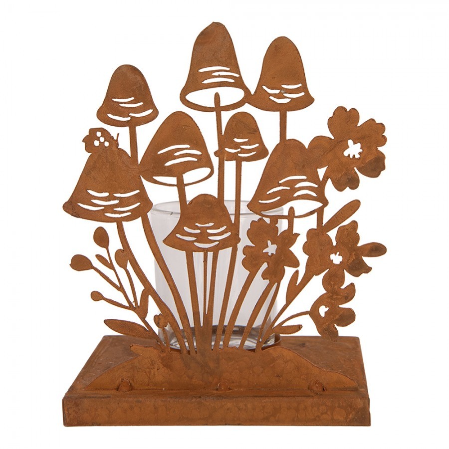 Rustikální rezavý svícen s houbičkami Mushroom Rust - 12*12*15 cm