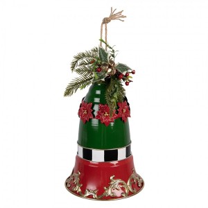 Kouzelný červeno-zelený kovový vánoční zvonek s cesmínou - Ø 24*36 cm