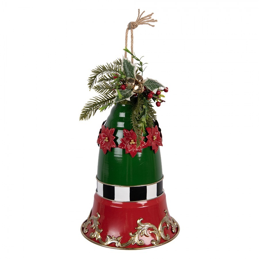 Kouzelný červeno-zelený kovový vánoční zvonek s cesmínou - Ø 24*36 cm