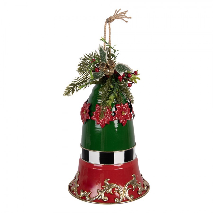 Kouzelný červeno-zelený kovový vánoční zvonek s cesmínou - Ø 24*36 cm