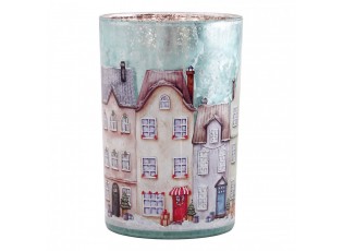 Modrý skleněný svícen vesnička domky Village L - Ø 12*18 cm