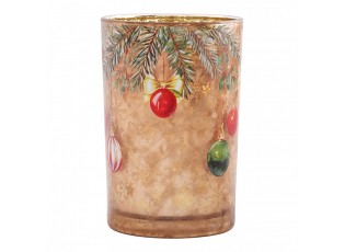 Vánoční lososový skleněný svícen s ozdobami L - Ø 12*18 cm