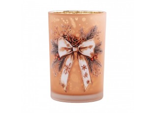 Elegantní vánoční skleněný svícen s mašlí L – Lososový - Ø 12*18 cm