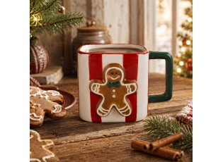 Pruhovaný keramický hrneček s perníčkem Gingerbread - 13*9*9 cm / 300 ml