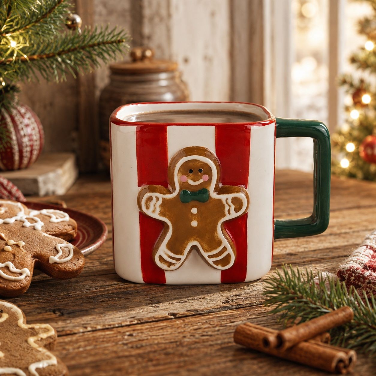 Pruhovaný keramický hrneček s perníčkem Gingerbread - 13*9*9 cm / 300 ml Clayre & Eef Pruhovaný keramický hrneček s perníčkem Gingerbread - 13*9*9 cm / 300 ml Clayre & Eef