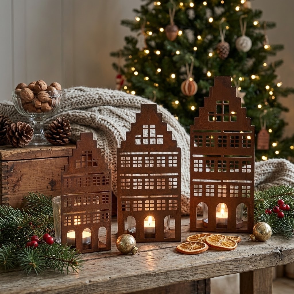 Rezavá dekorace svícen Domek L - 12*12*24 cm