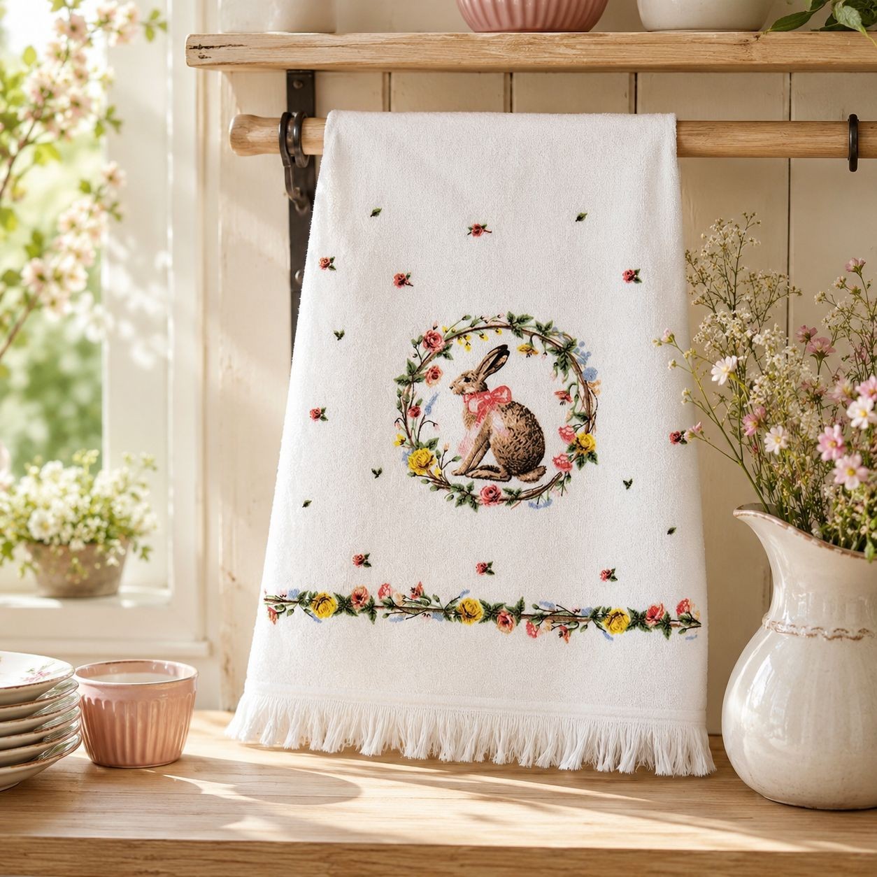 Bílý froté kuchyňský ručník s králíčkem - 40*66 cm