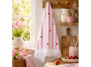 Bílý froté kuchyňský ručník se srdíčky a proužky - 40*66 cm