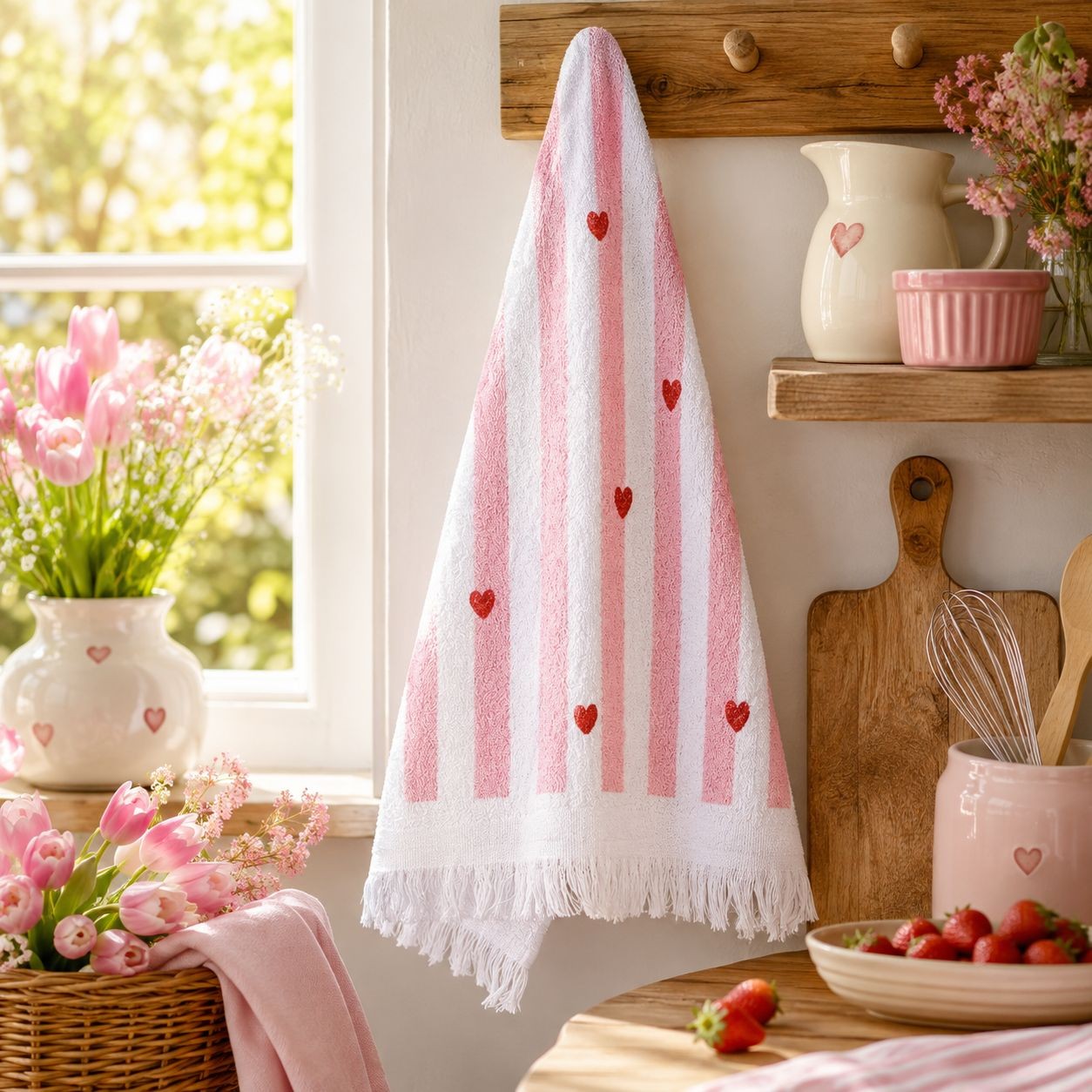 Bílý froté kuchyňský ručník se srdíčky a proužky - 40*66 cm Clayre & Eef Bílý froté kuchyňský ručník se srdíčky a proužky - 40*66 cm Clayre & Eef