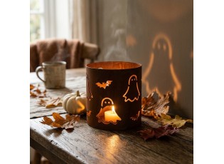 Rustikální rezavý svícen s duchy Halloween - Ø 16*15 cm