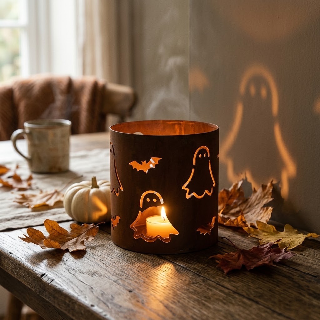 Rustikální rezavý svícen s duchy Halloween - Ø 16*15 cm