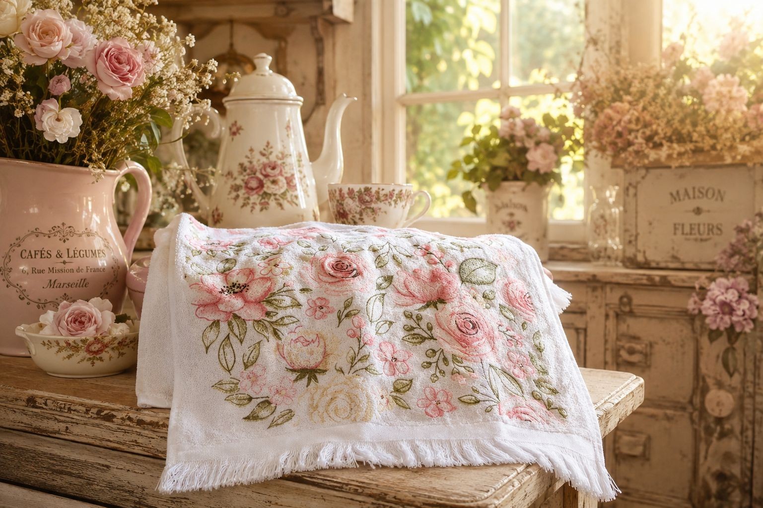 Kuchyňský froté ručník s motivem květin - 40*66 cm
