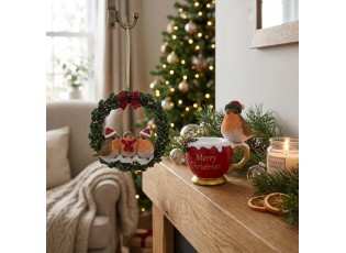 Dekorace ptáček na šálku Merry Christmas - 11*7*11 cm