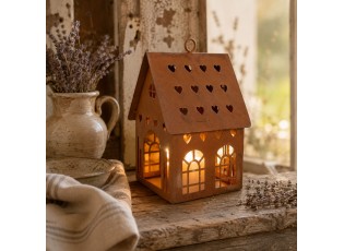 Rezavý svícen ve tvaru domku Rustic Charm - 12*12*18 cm