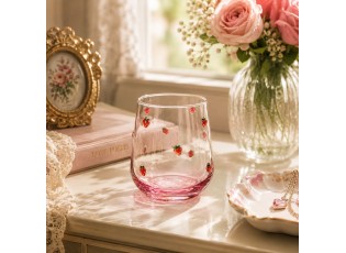 Sklenice na vodu s romantickým motivem jahůdek - Ø 7x11 cm / 320 ml