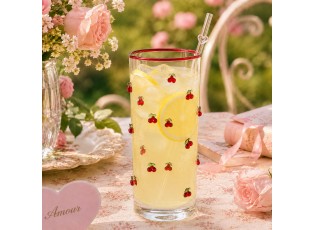 Sklenice na vodu s romantickým motivem třešní - Ø 6x15 cm / 350 ml