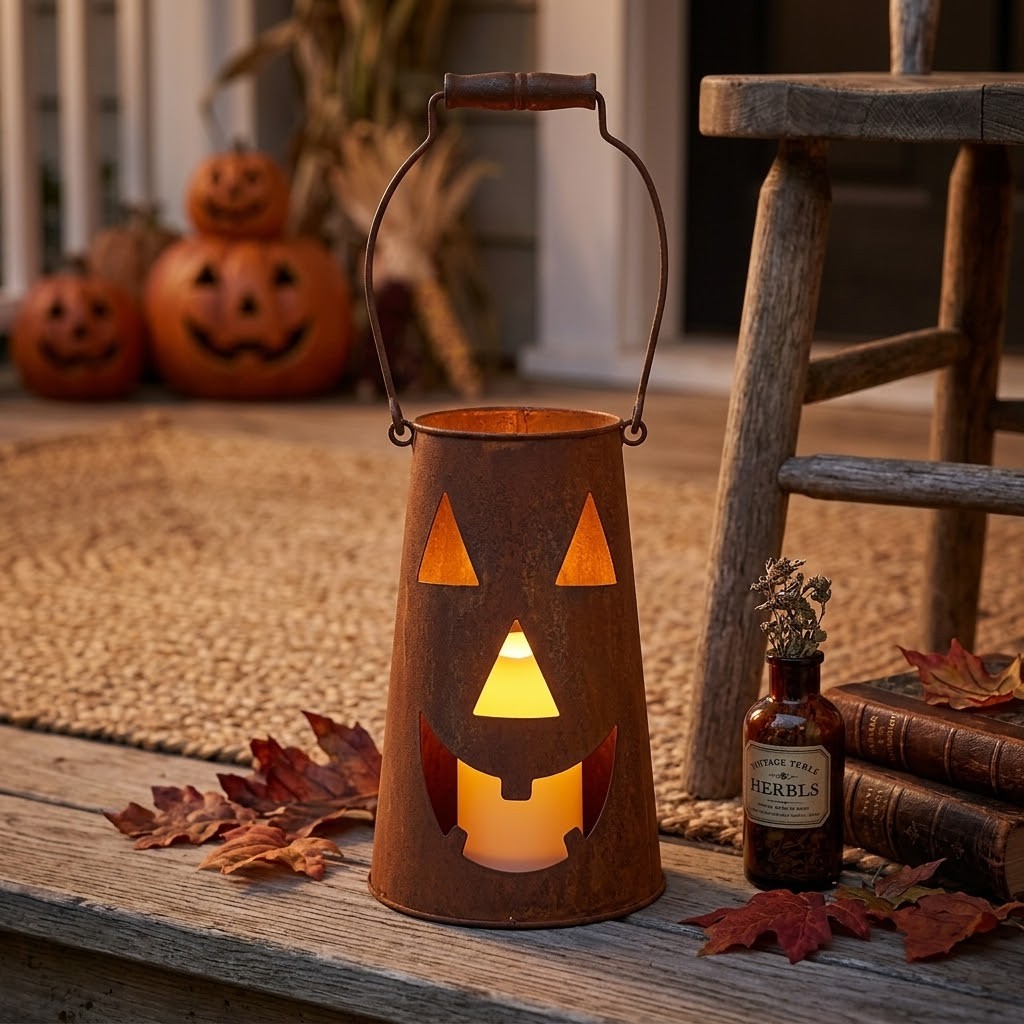 Rustikální rezavá lucerna dýně Halloween - Ø 14*23 cm