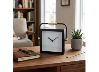 Designové černé hranaté stolní hodiny s kovovým madlem - 19*5*19 cm / 1*AA