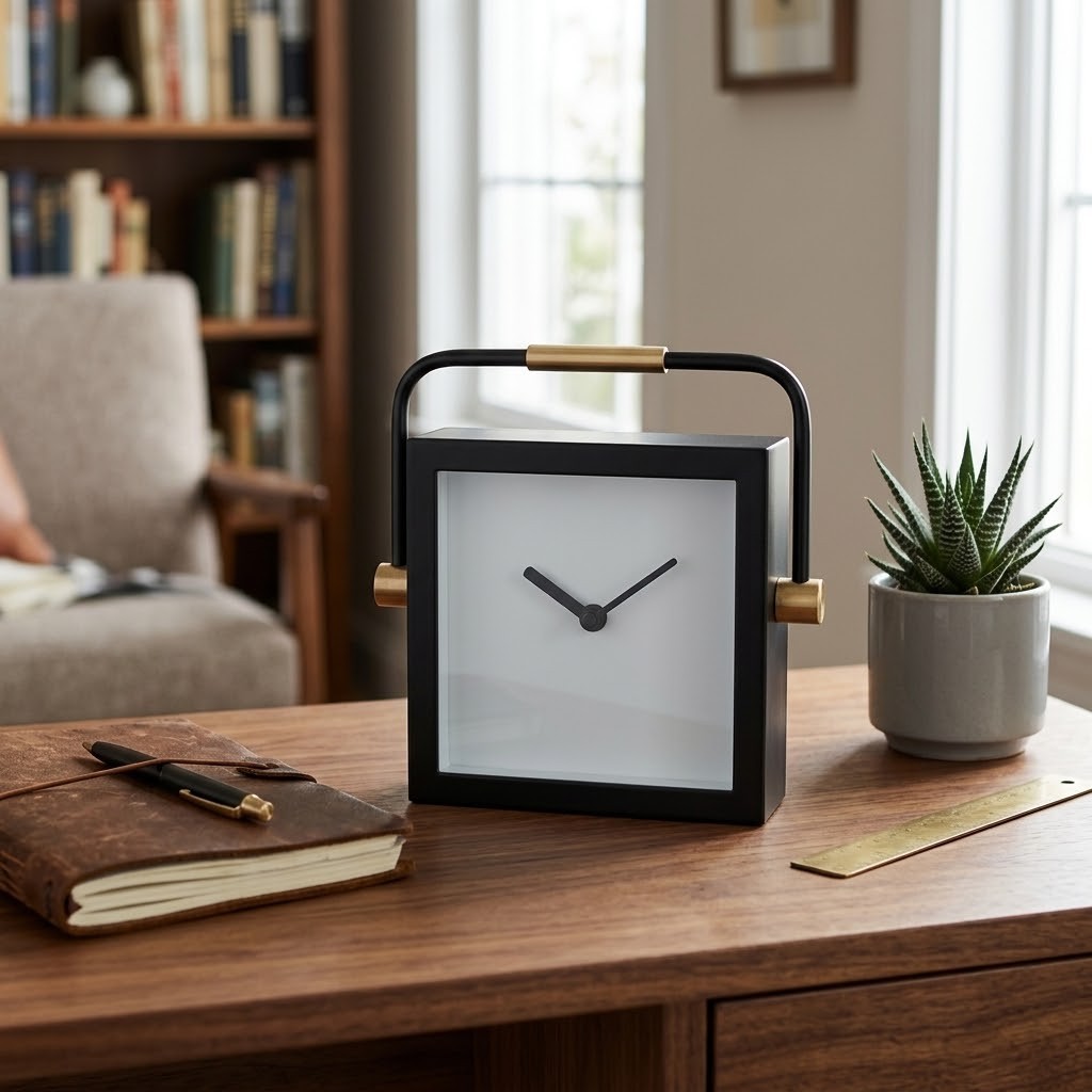 Designové černé hranaté stolní hodiny s kovovým madlem - 19*5*19 cm / 1*AA Clayre & Eef Designové černé hranaté stolní hodiny s kovovým madlem - 19*5*19 cm / 1*AA Clayre & Eef