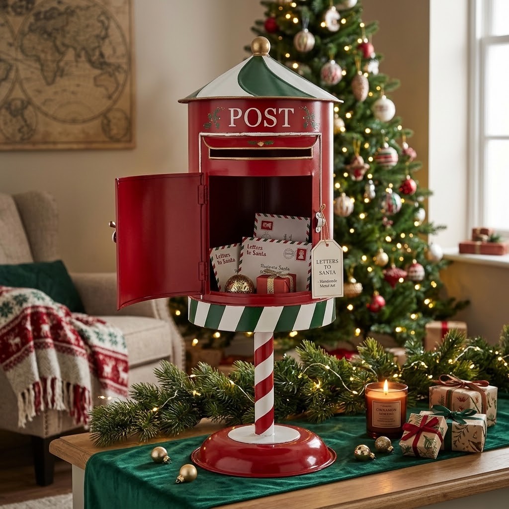 Červená kovová dekorace poštovní schránka Santa - Ø 24*58 cm