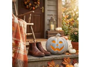 Šedá antik dekorace dýně Pumpkin s LED osvětlením - 38*35*32 cm