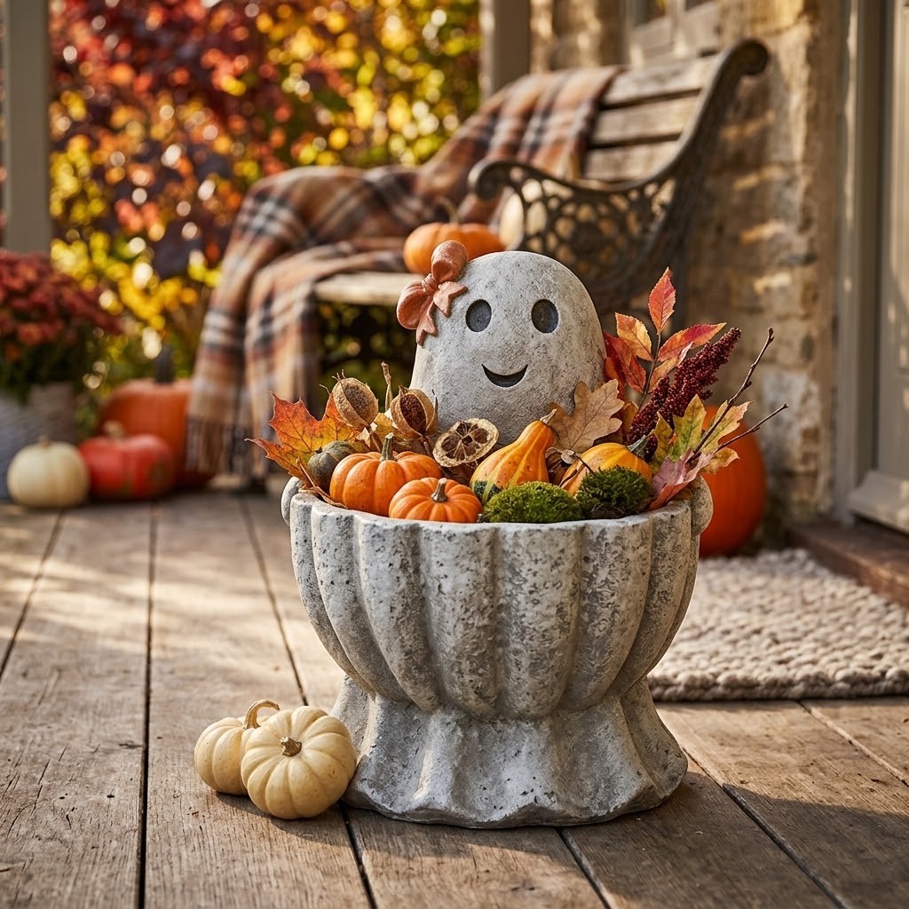 Šedá antik dekorace květináč duch s dýní Pumpkin - 37*34*47 cm Clayre & Eef Šedá antik dekorace květináč duch s dýní Pumpkin - 37*34*47 cm Clayre & Eef