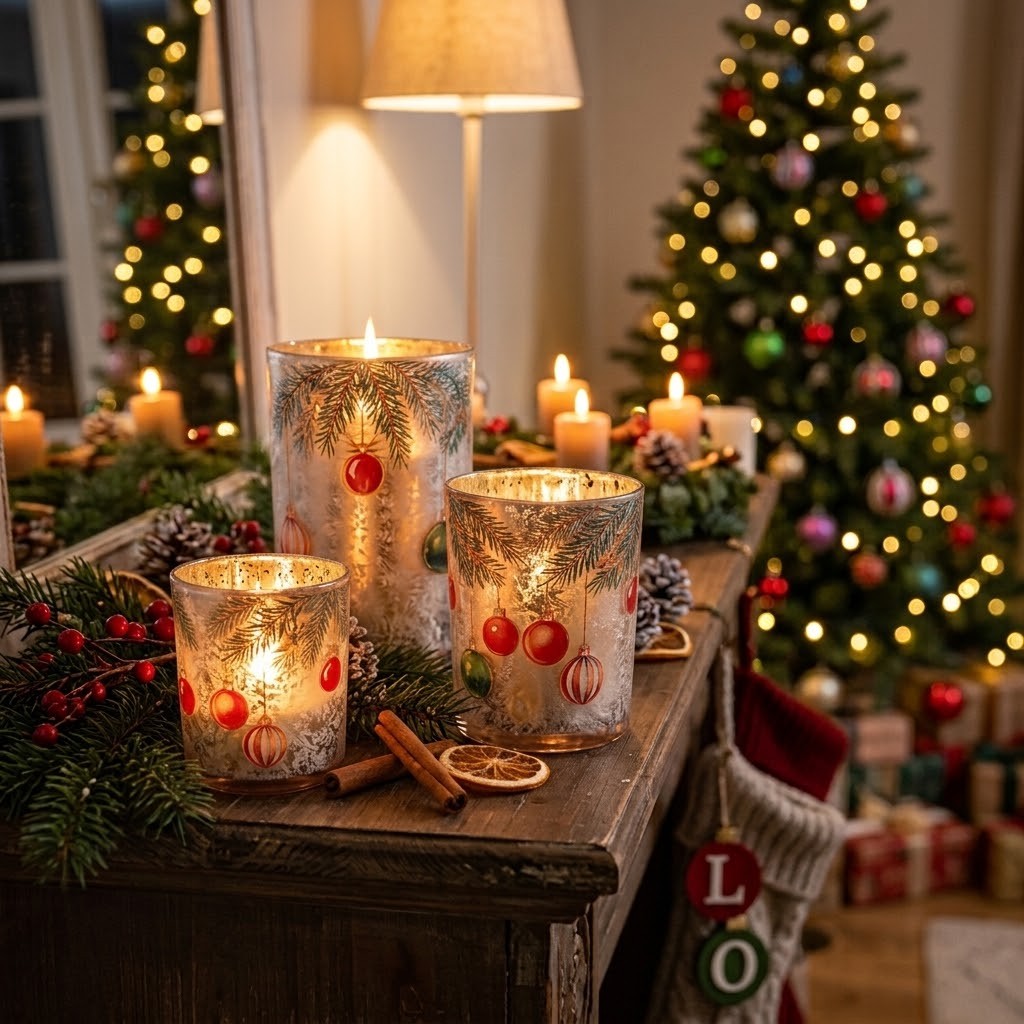 Vánoční lososový skleněný svícen s ozdobami L - Ø 12*18 cm