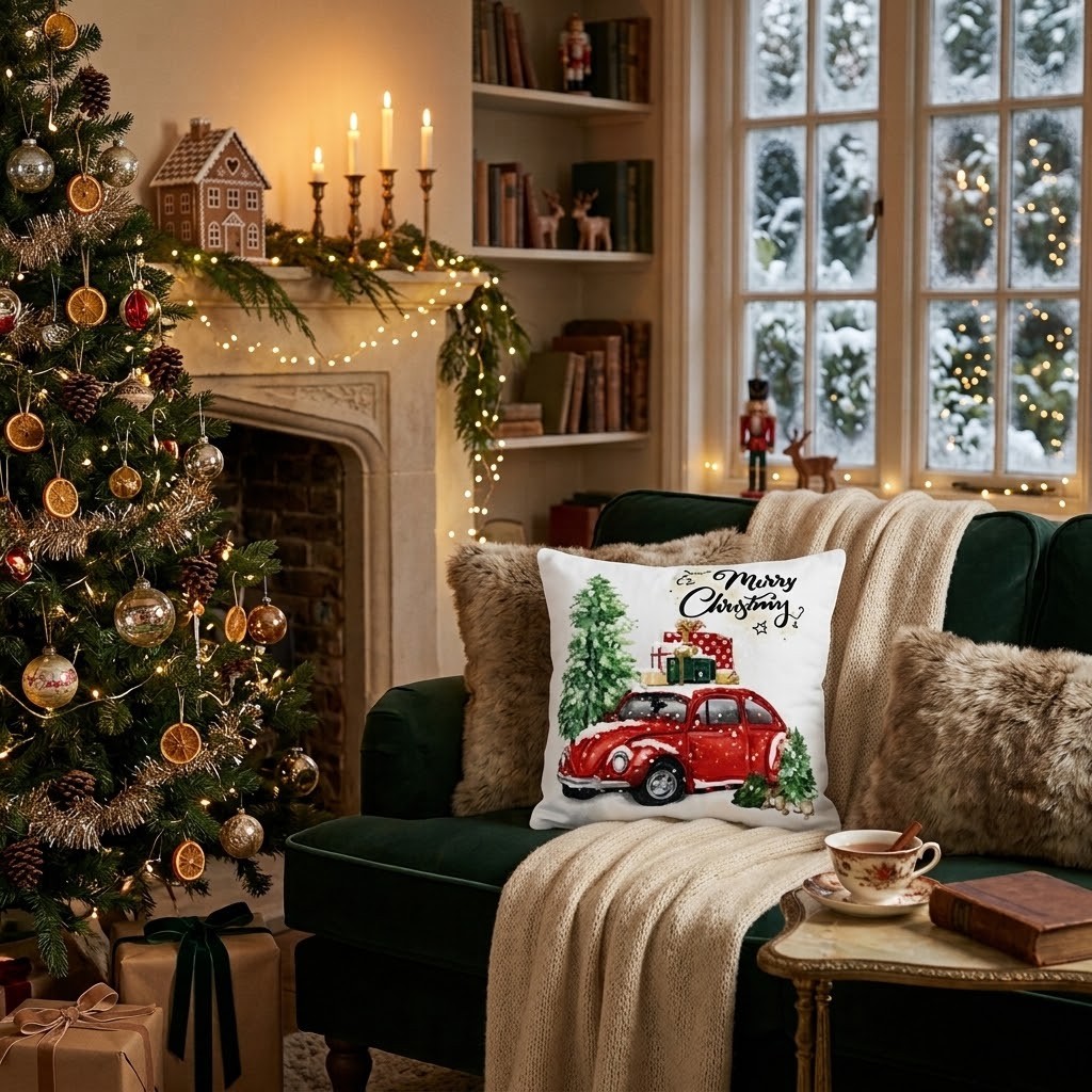 Vánoční dekorační polštář s autíčkem Merry Christmas - 45*45*4 cm Clayre & Eef Vánoční dekorační polštář s autíčkem Merry Christmas - 45*45*4 cm Clayre & Eef
