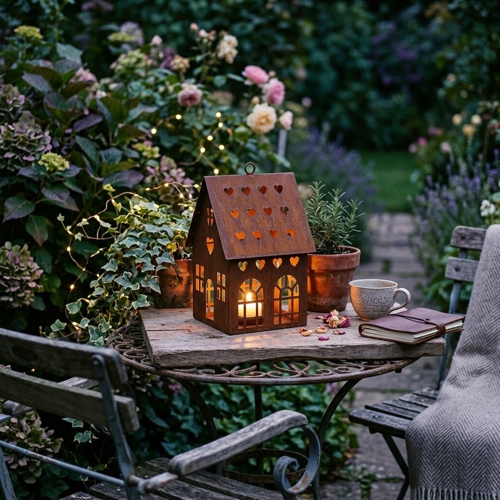 Rezavý svícen ve tvaru domku Rustic Charm - 12*12*20 cm