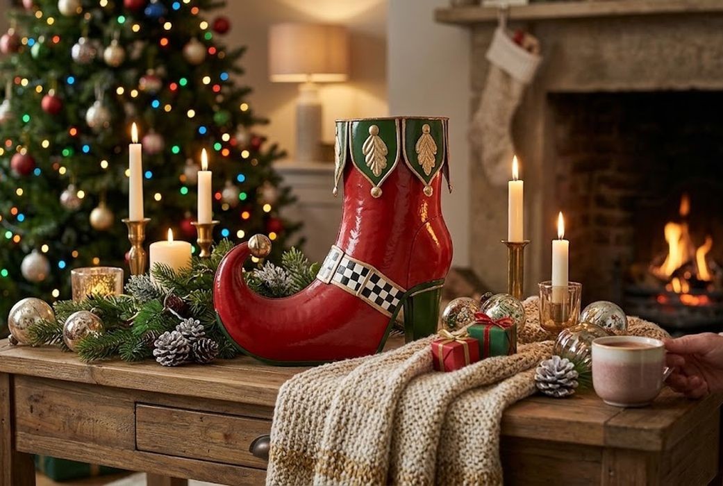 Červená kovová vánoční dekorace bota skřítka Elfa - 41*16*39 cm