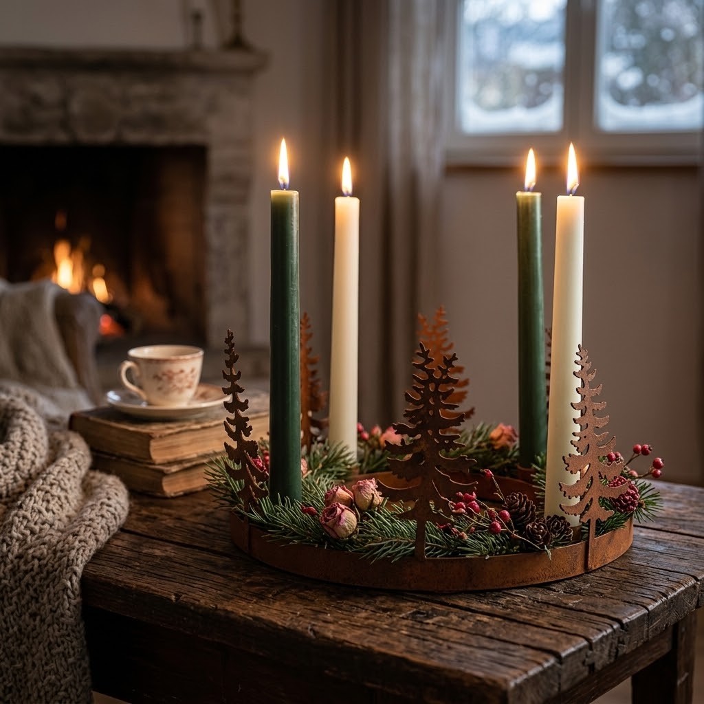 Kovový rustikální svícen adventní věnec se stromky Candle Rust - Ø 20*14 cm Clayre & Eef Kovový rustikální svícen adventní věnec se stromky Candle Rust - Ø 20*14 cm Clayre & Eef