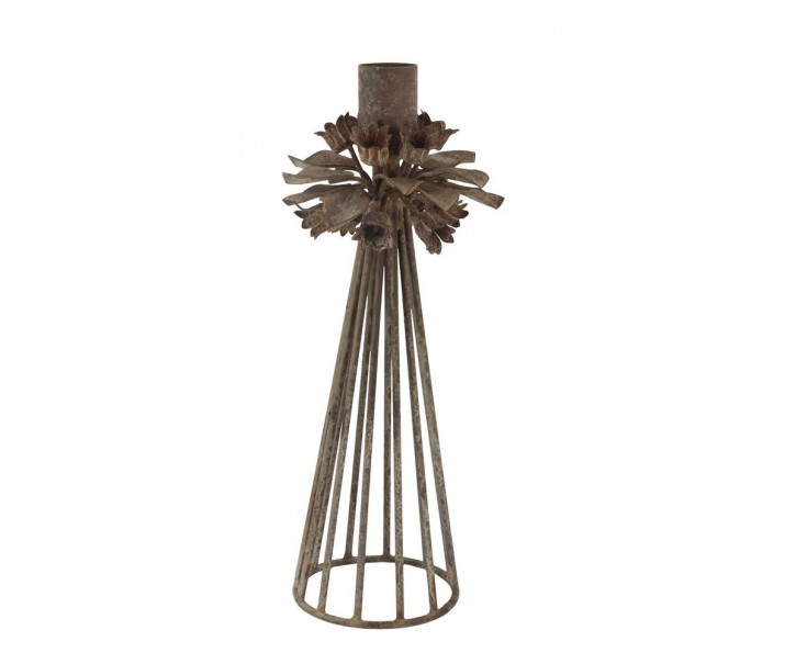 Mocca kovový svícen s květy na úzkou svíčku Charm Antique - 9*23 cm Chic Antique