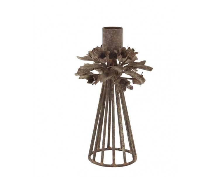 Mocca kovový svícen s květy na úzkou svíčku Charm Antique - 9*23 cm Chic Antique